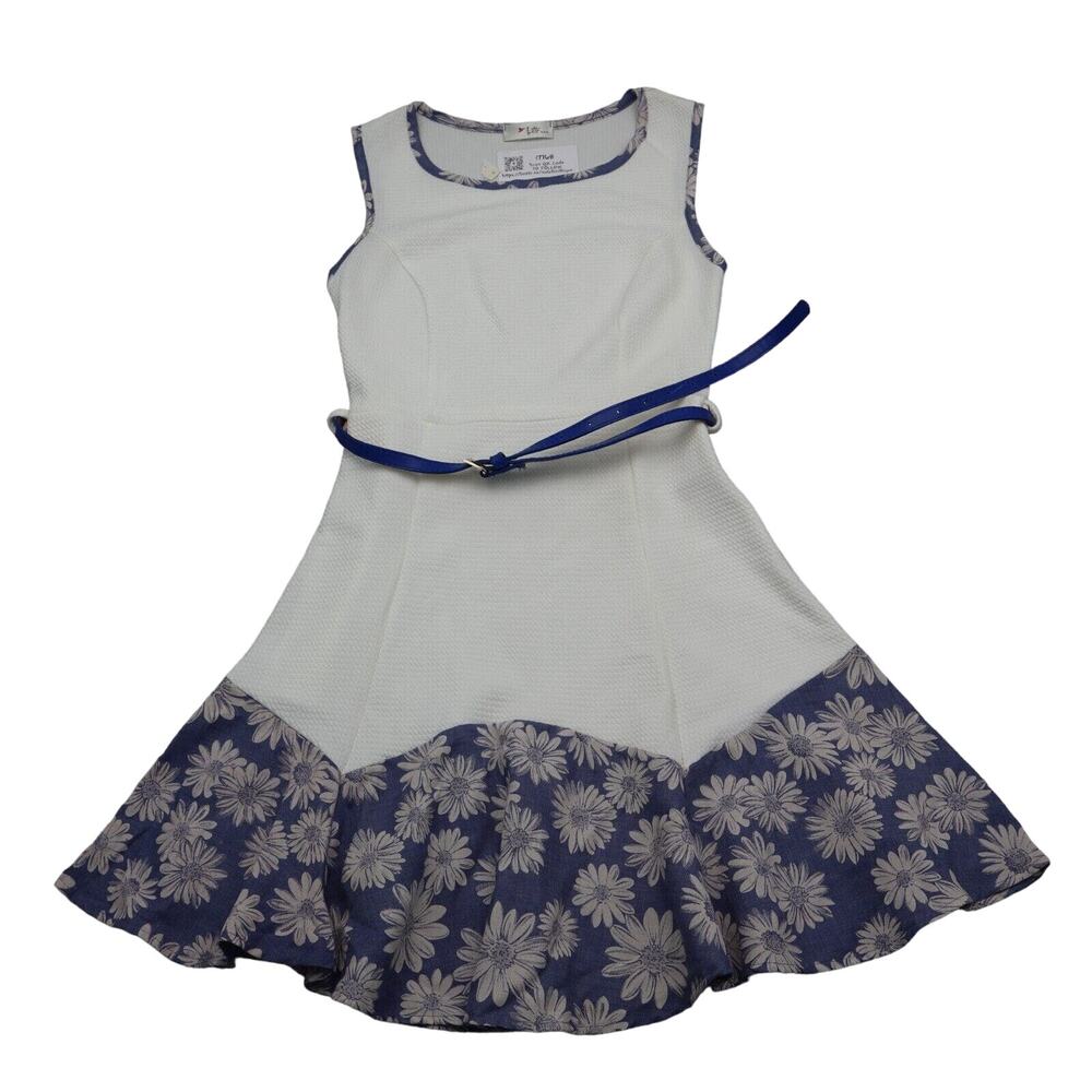 Lette Dress Womens M White Blue Fit Flare Sleeveless Round Neck Floral Cotton